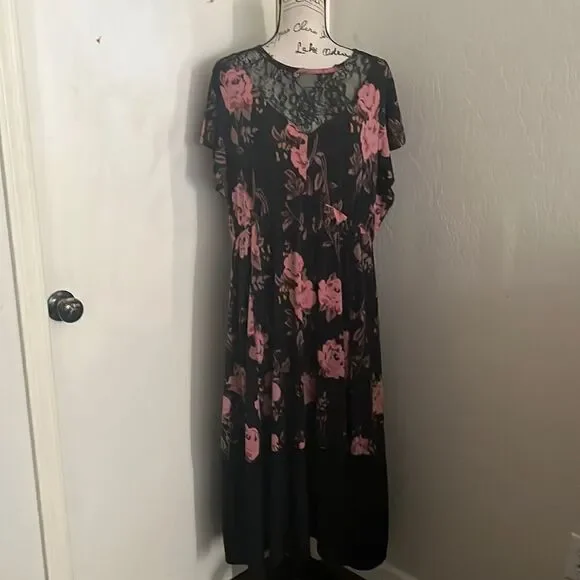 Torrid Black Pink Roses Floral Lace Detailing In Front Dress Contemporary - Picture 2 of 11